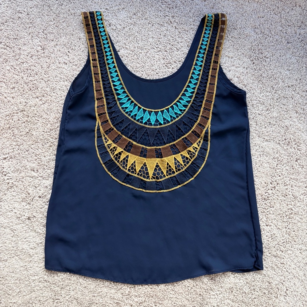 Charming Charlie Navy Tank Top with Gold and Blue Embroidery